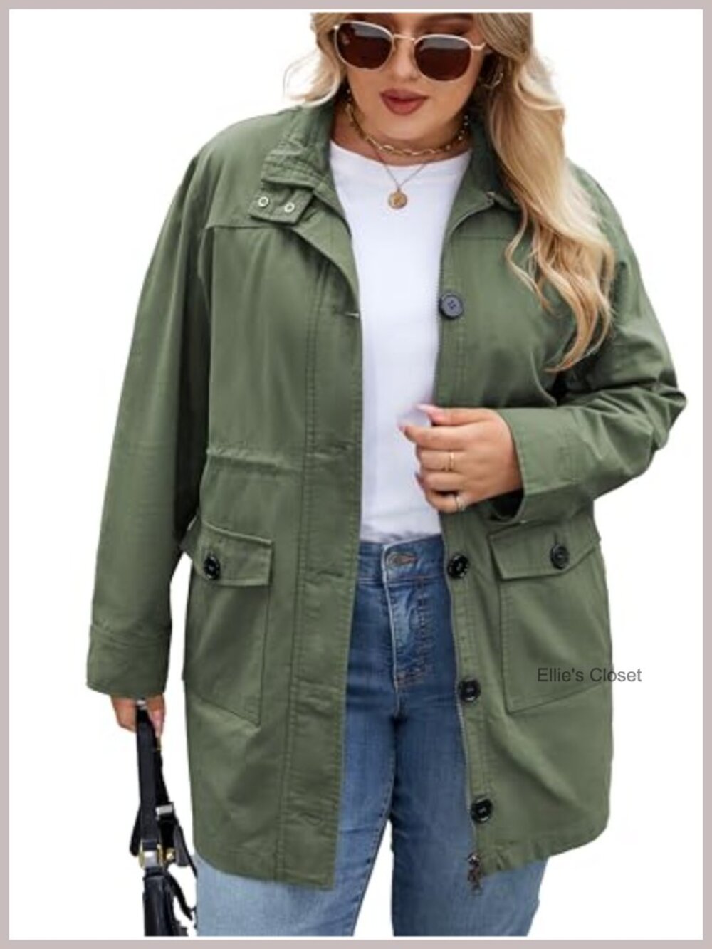Plus Size Women's Cotton Trench Coat Button Front Utility Jacket